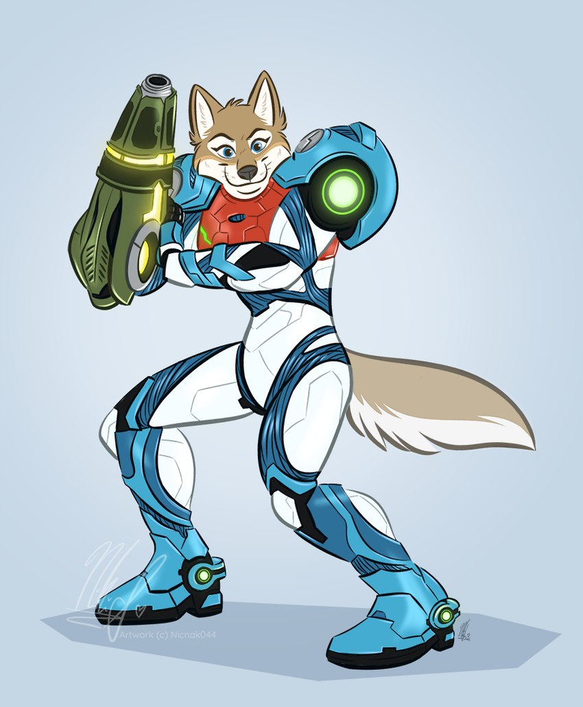 anthro armor blue_eyes cosplay simple_background smile smiling_at_viewer solo nicnak044 metroid metroid_dread nintendo erica_(stormwolff) samus_aran canid canine canis mammal wolf signature intersex_(lore)