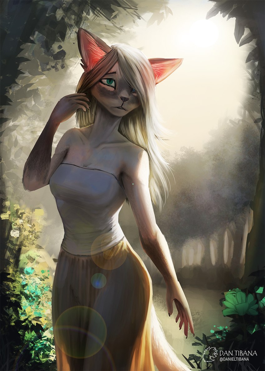 anthro bottomwear breasts claws clothing collarbone dress female forest fur green_eyes grey_body grey_fur hair light light_beam long_hair looking_away outside plant shrub skirt sky solo standing strapless_clothing strapless_topwear sunbeam sunlight topwear tree white_body white_fur daniel_tibana domestic_cat felid feline felis mammal 2020 artist_name digital_media_(artwork) digital_painting_(artwork) hi_res