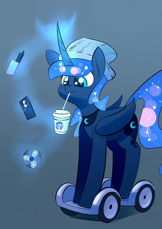 beverage blue_eyes cellphone coffee cosmic_hair drinking electronics ethereal_hair feathered_wings feathers female fidget_spinner hooves horn phone pseudo_hair segway simple_background smartphone solo vape wings underpable friendship_is_magic hasbro my_little_pony mythology princess_luna_(mlp) equid equine mammal mythological_creature mythological_equine winged_unicorn 2017 absurd_res digital_media_(artwork) hi_res meme