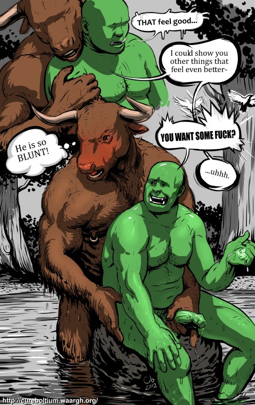 anthro bald blush bodily_fluids body_hair brown_body brown_fur cum cum_on_hand cum_string dialogue duo embarrassed erection foreskin fur genital_fluids genitals green_body green_skin holding_penis horn hug humanoid_genitalia humanoid_on_anthro humanoid_penis lake male male/male muscular muscular_male nipple_piercing nipples nude on_rock open_mouth partially_submerged penis piercing profanity rock slightly_chubby text tusks water cureboltium european_mythology greek_mythology mythology bovid bovine humanoid mammal minotaur orc 2012 absurd_res digital_media_(artwork) english_text hi_res url watermark