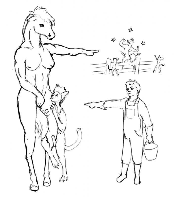 anthro athletic breasts bucket container erection female flexing genitals gesture group hand_gesture hooves humor male penis pointing lemurlemurovich breeding_season domestic_cat equid equine felid feline felis horse human mammal black_and_white monochrome sketch