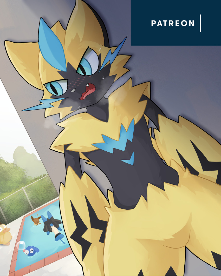 anthro breath bubble detailed_background emanata featureless_crotch fur group lightning_whiskers male open_mouth outside partially_submerged swimming_pool text water whiskers yellow_body yellow_fur huka nintendo patreon pokemon eevee generation_1_pokemon generation_4_pokemon generation_7_pokemon legendary_pokemon lucario pokemon_(species) popplio psyduck zeraora 2020 4:5 absurd_res english_text hi_res shaded