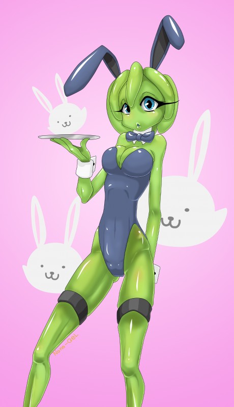 breasts bunny_costume clothing cosplay costume fake_ears fake_rabbit_ears female lingerie lips not_furry platter shirt_cuffs slime solo teddy_(clothing) waiter nana_gel midori_gel goo_creature humanoid absurd_res hi_res