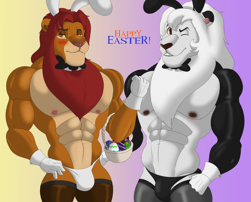 anthro barazoku basket biceps blush bow_(feature) bow_in_front bow_tie bulge clothed clothing container costume duo egg fake_ears fake_rabbit_ears fur gloves handwear legwear looking_at_viewer male muscular muscular_anthro muscular_male nipples reverse_bunny_costume stockings translucent translucent_clothing underwear klr-rio disney kimba_the_white_lion osamu_tezuka the_lion_king kimba simba_(the_lion_king) felid lion mammal pantherine digital_media_(artwork) hi_res