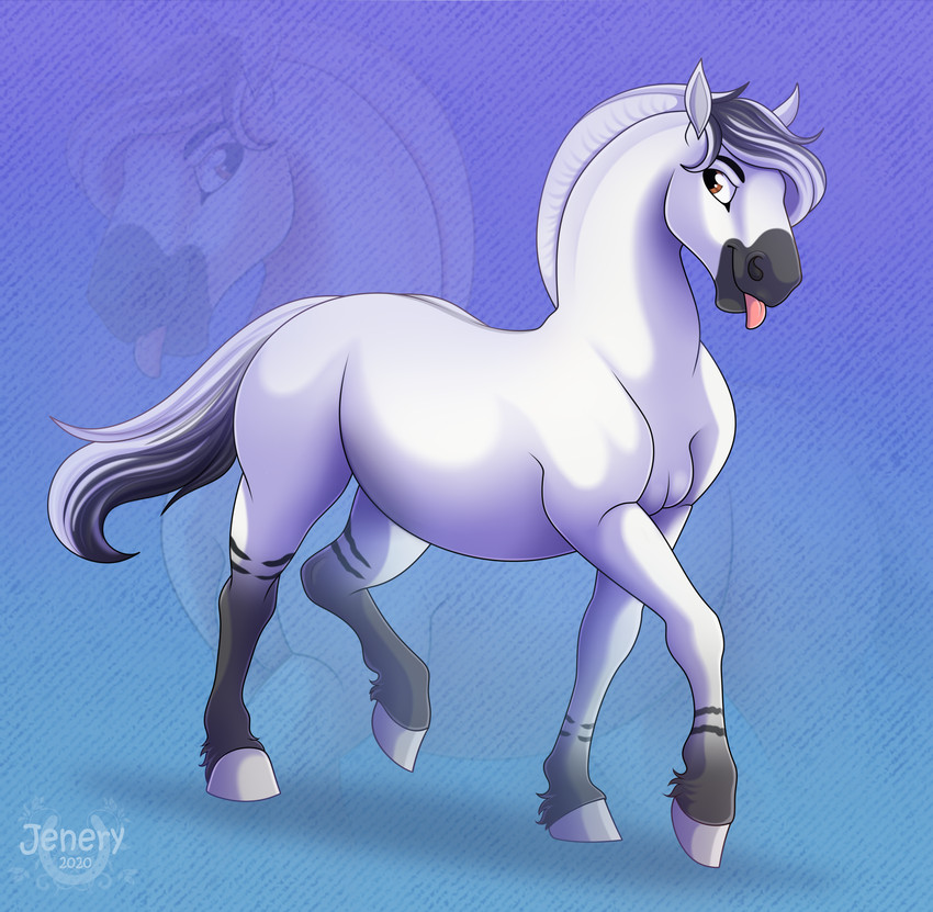 black_hair black_markings feral fur hair hooves male markings pose simple_background smile solo tongue tongue_out walking white_body white_fur white_hair jenery draft_horse equid equine fjord_horse horse mammal 2020 absurd_res digital_media_(artwork) hi_res