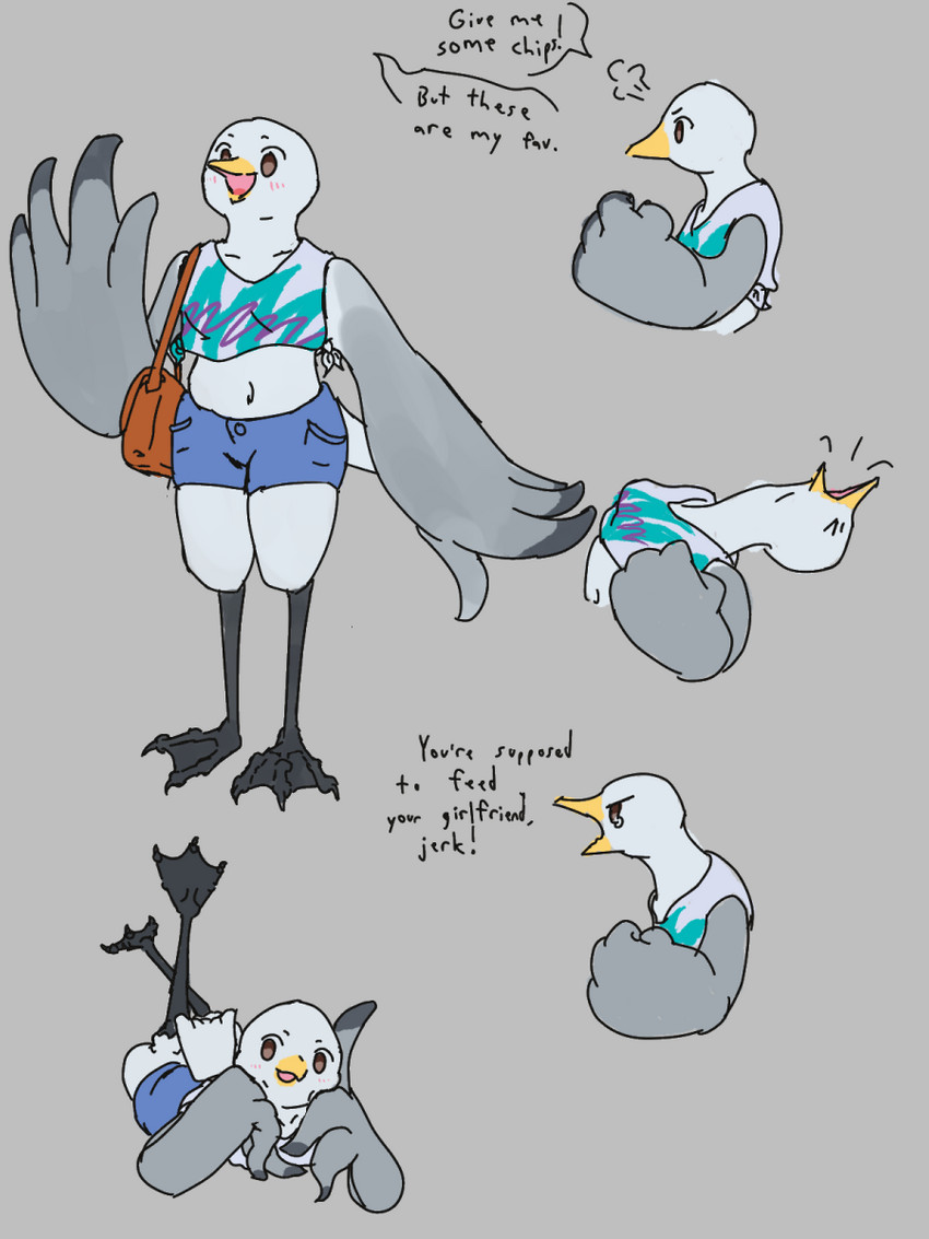 anthro bottomwear clothing crop_top digitigrade feather_hands feathers female grey_body grey_feathers shirt shorts solo tail tail_feathers topwear white_body white_feathers obscenecanary avian bird black-legged_kittiwake gull kittiwake lari larid 3:4 hi_res