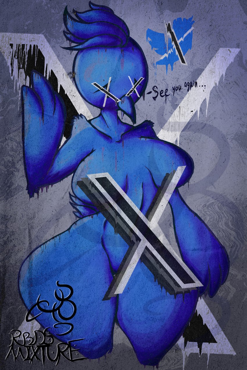 anthro blue_body blue_feathers breasts feather_hands feathers female navel simple_background solo twitter_logo rbds_mixture twitter x_(social_media) x_corporation tweetfur avian bird 2:3 hi_res meme