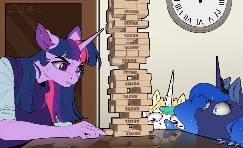 anthro clock clothing crown female furniture headgear horn table tiara wall_clock evehly friendship_is_magic hasbro jenga my_little_pony mythology princess_celestia_(mlp) princess_luna_(mlp) twilight_sparkle_(mlp) equid equine mammal mythological_creature mythological_equine unicorn absurd_res hi_res meme