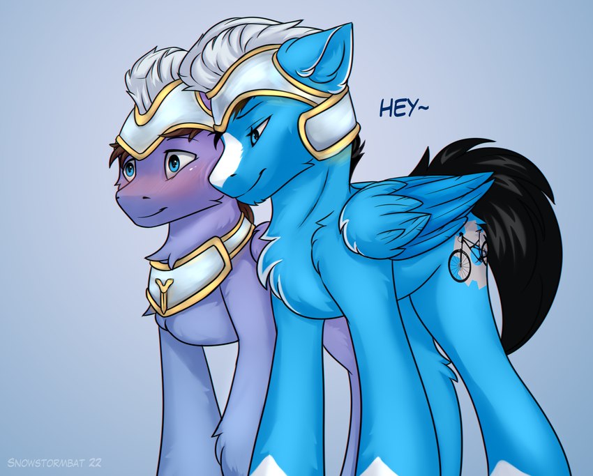 armor blush dialogue duo feral male male/male wings snowstormbat friendship_is_magic hasbro mlp_g5 my_little_pony mythology enduro_elite_(oc) luck_pony royal_guard_(mlp) equid equine horse mammal mythological_creature mythological_equine pegasus pony hi_res