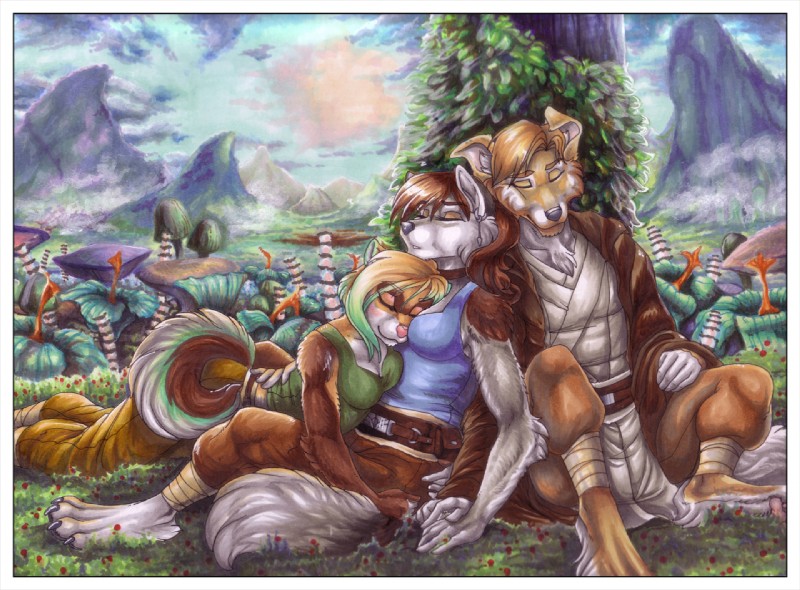 anthro blush breast_pillow clothing detailed_background eyes_closed female group hug male nature outside robe sleeping smile tail wind cockiestspaniel star_wars canid canine canis domestic_dog mammal wolf 2010