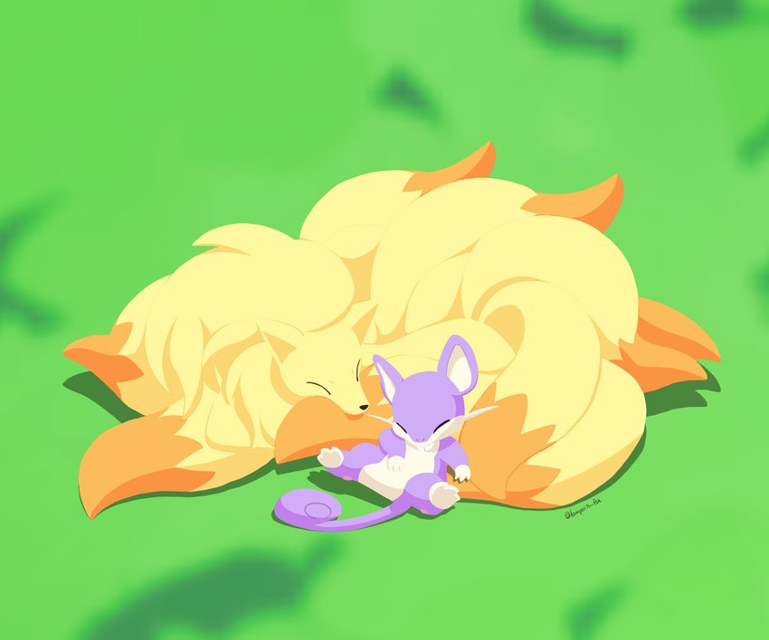 ambiguous_gender duo eyes_closed feral grass lying multi_tail nap on_back on_front outside plant sleeping tail teeth kompeito nintendo pokemon generation_1_pokemon ninetales pokemon_(species) rattata 2023 6:5 absurd_res digital_media_(artwork) hi_res