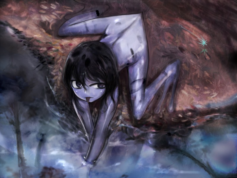 black_hair blue_body blue_eyes blue_skin eyebrows female hair monster_girl_(genre) nude outside purple_body purple_eyes purple_skin raised_eyebrow short_hair solo swamp tongue tongue_out uneven_eyes water un_do mon-musu_quest! monster_girl_quest frog_girl_(mon-musu_quest!) amphibian frog humanoid monster 4:3