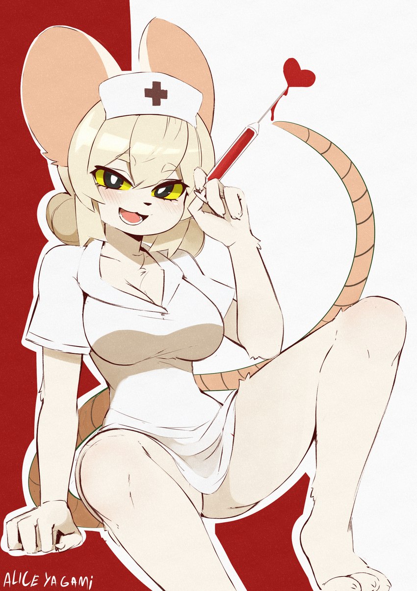 anthro black_eyes blonde_hair blood blush bodily_fluids breasts clothing female fur hair hat headgear headwear nails nurse nurse_clothing nurse_headwear smile solo tail white_body white_fur yellow_eyes alice_yagami terrible_mouse lorna_(terrible_mouse) mammal mouse murid murine rat rodent absurd_res hi_res