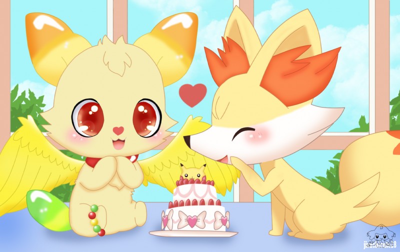 ambiguous_gender bracelet cake candy cloud collar daww dessert duo eyes_closed feral food fur heart_symbol jewelry male open_mouth red_eyes sky tan_body tan_fur wings jirachicute28_(artist) jewelpet nintendo pokemon sanrio sega sega_fave sweetspet gumimin canid canine fennekin generation_1_pokemon generation_3_pokemon generation_6_pokemon jirachi legendary_pokemon mammal pikachu pokemon_(species) 2014 crossover hi_res