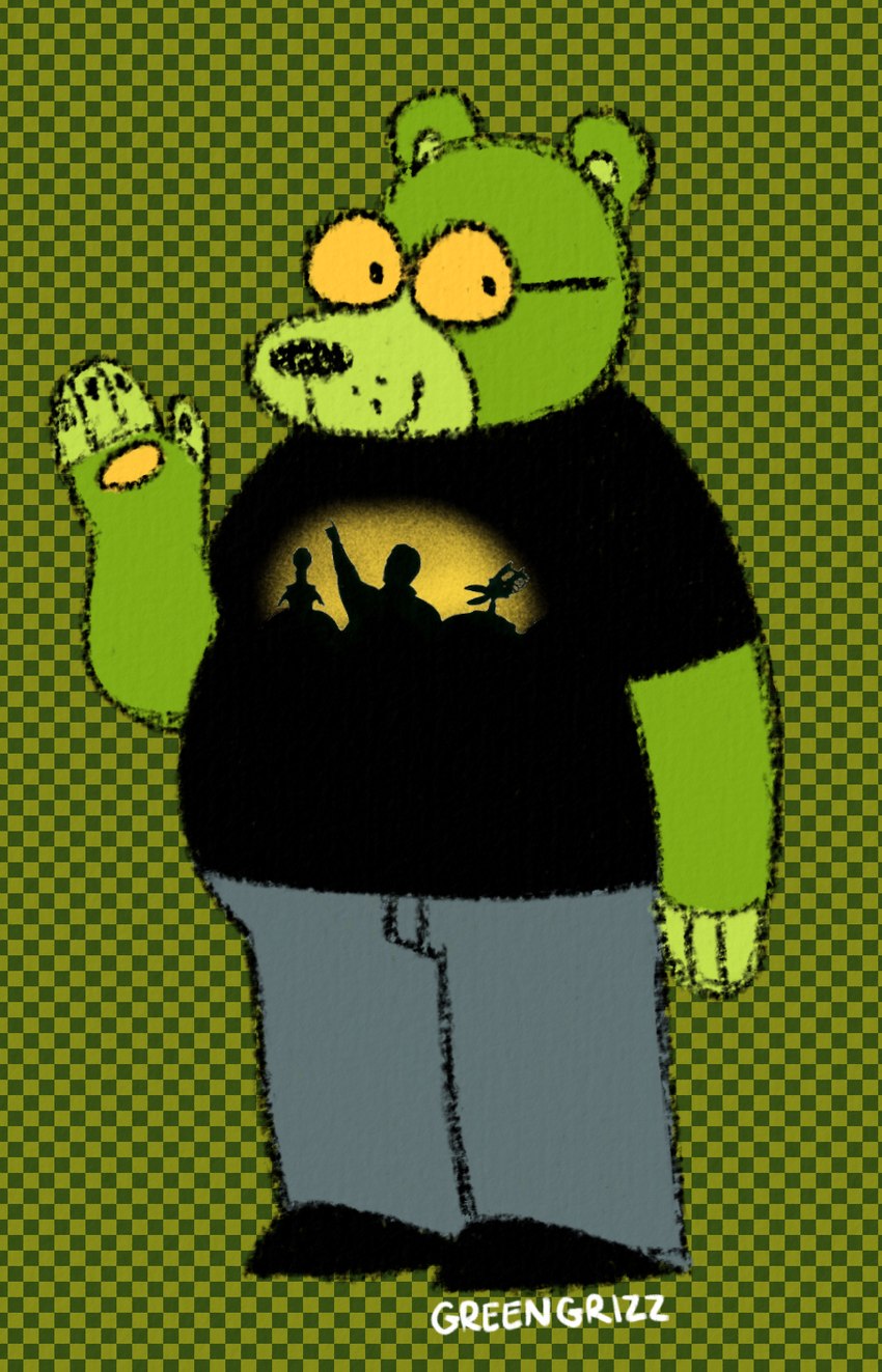 4_fingers anthro black_clothing black_footwear black_nose black_shirt black_shoes black_t-shirt black_topwear blue_bottomwear blue_clothing blue_pants bottomwear checkered checkered_background clothed clothing eyewear fingers footwear fur gesture glasses green_background green_body green_fur green_inner_ear looking_at_viewer male multicolored_body multicolored_fur overweight overweight_anthro overweight_male pants pattern_background pawpads shirt shoes simple_background smile smiling_at_viewer solo t-shirt topwear waving yellow_eyes yellow_pawpads greengrizz grizz_(greengrizz) bear mammal ursine 2024 artist_name digital_drawing_(artwork) digital_media_(artwork) flat_colors hi_res