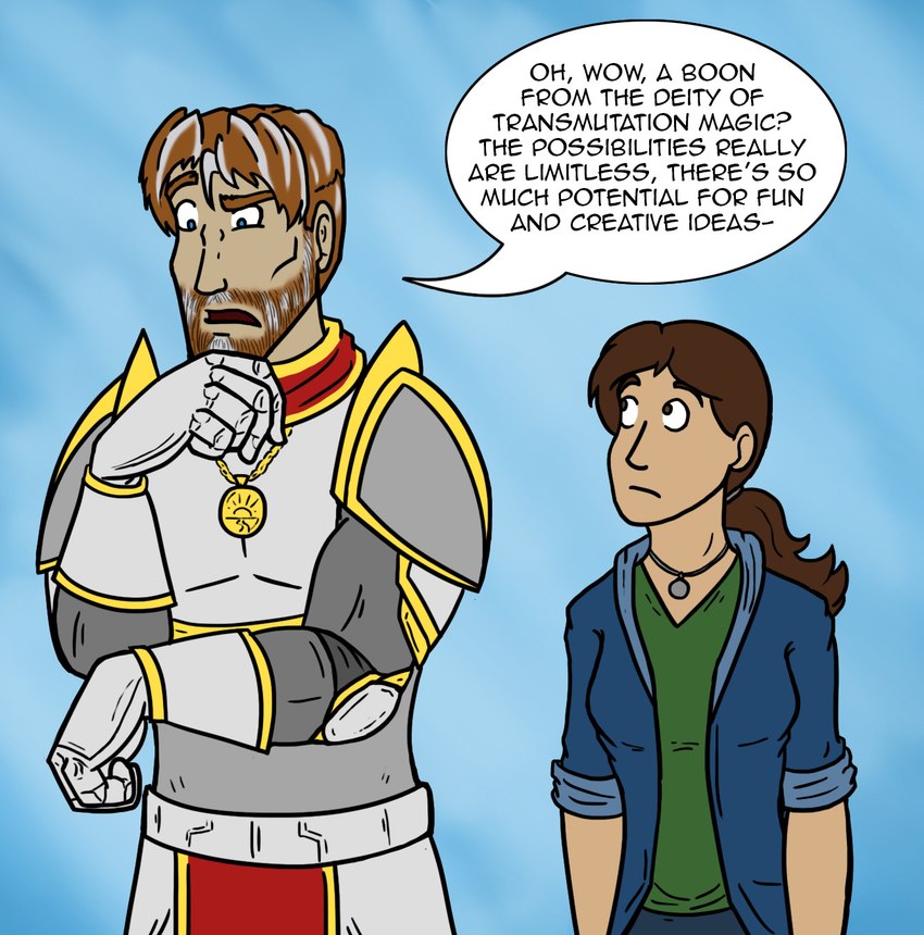 armor brown_hair clothed clothing considering duo female gauntlets gloves hair handwear human_only jewelry male necklace not_furry paladin ponytail scard simple_background size_difference speech_bubble text ichiwashername human mammal english_text hi_res