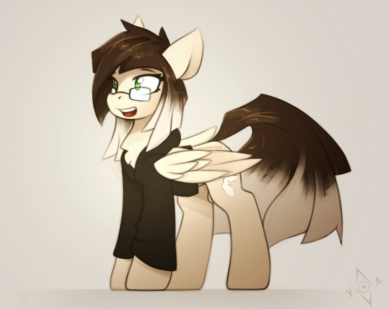 brown_hair clothed clothing cutie_mark eyewear feathered_wings feathers female feral glasses green_eyes hair hooves simple_background smile solo standing white_background wings queenbloodysky hasbro my_little_pony mythology fan_character equid equine mammal mythological_creature mythological_equine pegasus hi_res