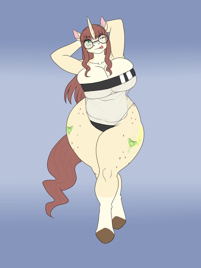 anthro big_breasts blep breast_squish breasts cleavage clothed clothing eyewear female freckles glasses horn one-piece_swimsuit one_eye_closed overweight overweight_anthro overweight_female slightly_chubby solo squish swimwear tongue tongue_out translucent translucent_clothing translucent_swimwear wink lurking_tyger gris_swimsuit hasbro meme_clothing my_little_pony mythology equid equine mammal mythological_creature mythological_equine unicorn 3:4 hi_res meme