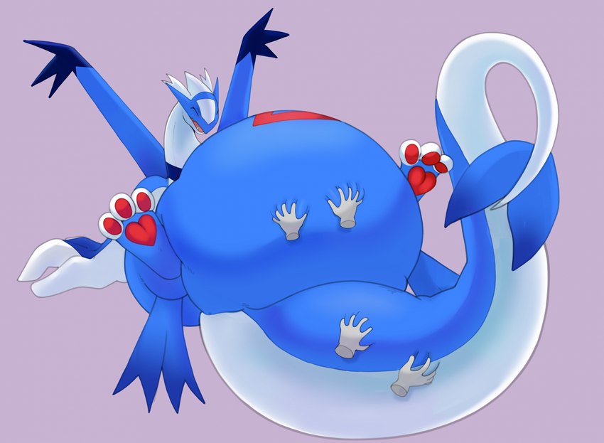 ambiguous_gender anthro belly belly_markings belly_rub belly_squish big_belly big_tail biped blue_body disembodied_hand eyes_closed fangs feet group hand_on_belly hand_on_tail happy hindpaw legs_up long_tail lying markings multicolored_body obese obese_ambiguous obese_anthro on_back open_mouth open_smile overweight overweight_ambiguous overweight_anthro pawpads paws pink_background red_markings red_pawpads simple_background smile solo_focus squish tail tail_rub tail_squish tailbutt teeth thick_tail trio two_tone_body white_body wide_crotch wings xeniyy nintendo pokemon generation_2_pokemon generation_3_pokemon hybrid_pokemon latios legendary_pokemon lugia pokemon_(species) 2023 digital_drawing_(artwork) digital_media_(artwork) hi_res