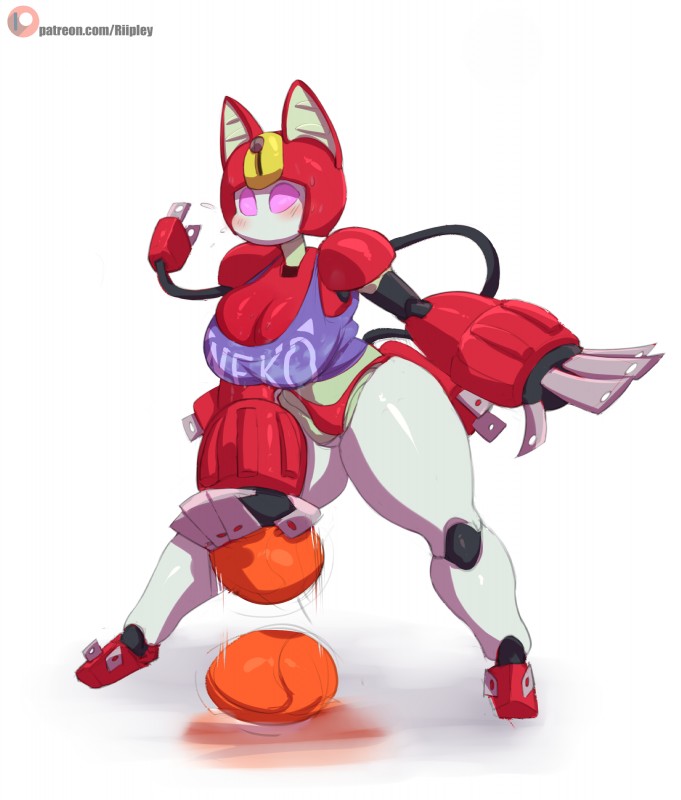 ball basketball_(ball) big_breasts big_butt blush bodily_fluids bottomless breasts butt clothed clothing crop_top empty_eyes featureless_breasts feline_ears female huge_breasts machine plug red_body shirt simple_background small_waist solo sweat text thick_thighs topwear white_body wide_hips riipley medabots peppercat_(medabots) animal_humanoid felid felid_humanoid humanoid mammal mammal_humanoid peppercat robot 2019 absurd_res digital_media_(artwork) hi_res url