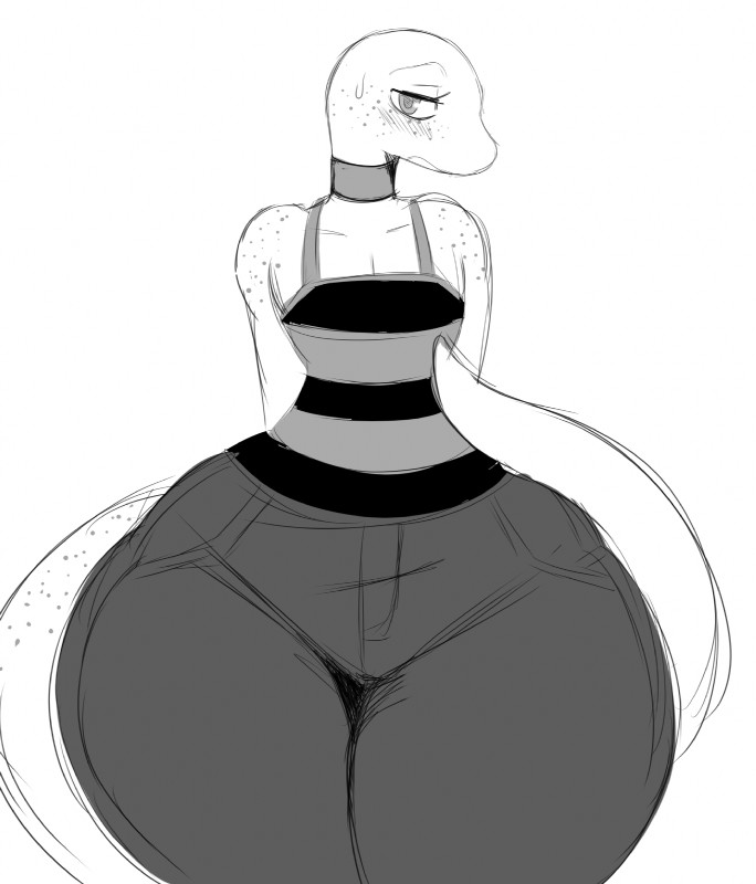 anthro blush bodily_fluids bottomwear clothed clothing denim denim_bottomwear denim_clothing female flat_chested high_waisted_bottomwear huge_hips huge_thighs jeans pants shirt simple_background small_waist solo sweat tank_top thick_thighs topwear white_background wide_hips sssonic2 bliss_(sssonic2) lizard reptile scalie 2018 greyscale hi_res monochrome sketch