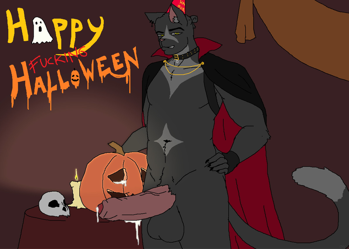 anthro balls birthday black_body bodily_fluids bone cape clothing cum cumshot ejaculation food fruit genital_fluids genitals kasius_meow male male/male penis plant pumpkin pumpkin_fucking pumpkin_masturbation skull solo caesarmeow vampire