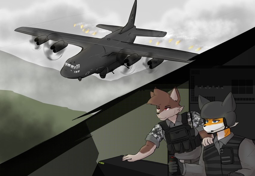 ac-130 anthro blue_eyes brown_body brown_fur bulletproof_vest camo camo_clothing camo_print clothing duo fur male military_uniform orange_body orange_fur pattern_clothing red_eyes simple_background tactical_gear tactical_gloves uniform krypto_key_info95 call_of_duty:_modern_warfare_ii modern_warfare_(series) canid canine canis fox mammal wolf absurd_res hi_res