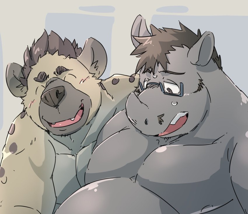 anthro belly blush bodily_fluids brown_hair cute_fangs duo eyes_closed eyewear fangs glasses grey_body hair horn kemono looking_down male open_mouth overweight overweight_male sweat teeth train_(artist) hyena mammal rhinoceros spotted_hyena 2022