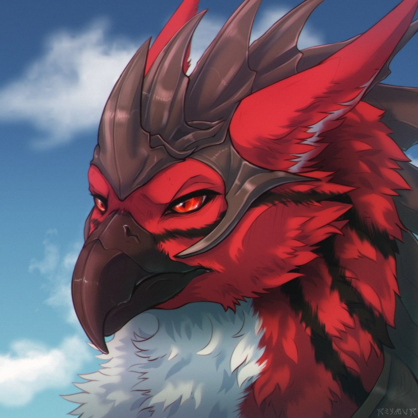 ambiguous_gender armor beak feral fluffy_ears fur headgear helmet red_body red_eyes red_fur solo reymur mythology terror_(terrorwing) avian gryphon mythological_avian mythological_creature 1:1 icon male_(lore)