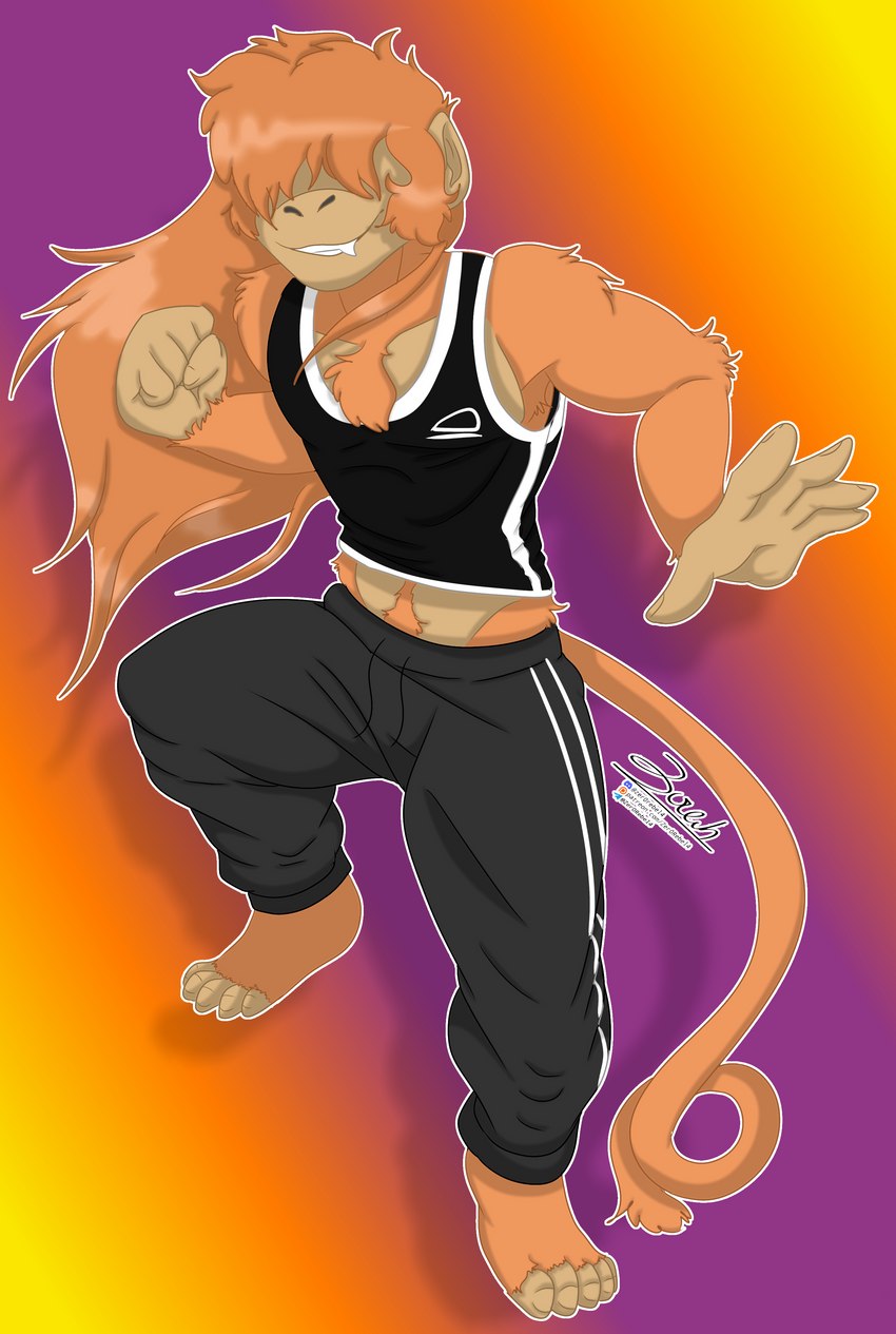 action_pose anthro bottomwear clothing curled_tail fangs feet fist fur gradient_background hair hair_over_eyes humanoid_feet long_hair looking_at_viewer male muscular orange_body orange_fur orange_hair pants plantigrade pose shirt simple_background smile solo standing sweatpants tail tan_body tan_skin tank_top teeth text toes topwear zer0rebel4 discord_(app) patreon telegram golden_snub-nosed_monkey haplorhine mammal monkey old_world_monkey primate snub-nosed_monkey 2023 absurd_res digital_media_(artwork) hi_res url