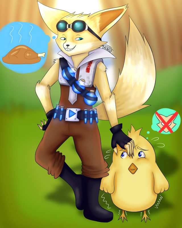 clothing duo fur hungry yellow_body yellow_fur damian5320 hi-rez_studios paladins_(game) pip_(paladins) canid canine chick fennec_fox fox mammal true_fox 4:5 absurd_res hi_res