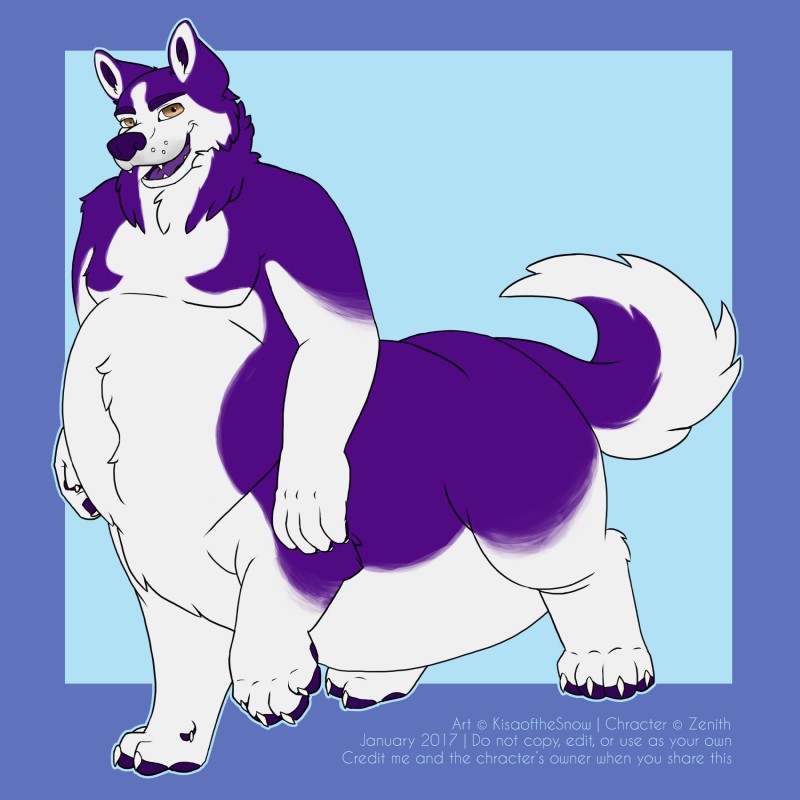 brown_eyes fur male overweight overweight_male overweight_taur purple_body purple_fur solo text white_body white_fur kisaofthesnow zenith canid canine canis domestic_dog husky mammal nordic_sled_dog spitz taur 1:1 absurd_res english_text hi_res