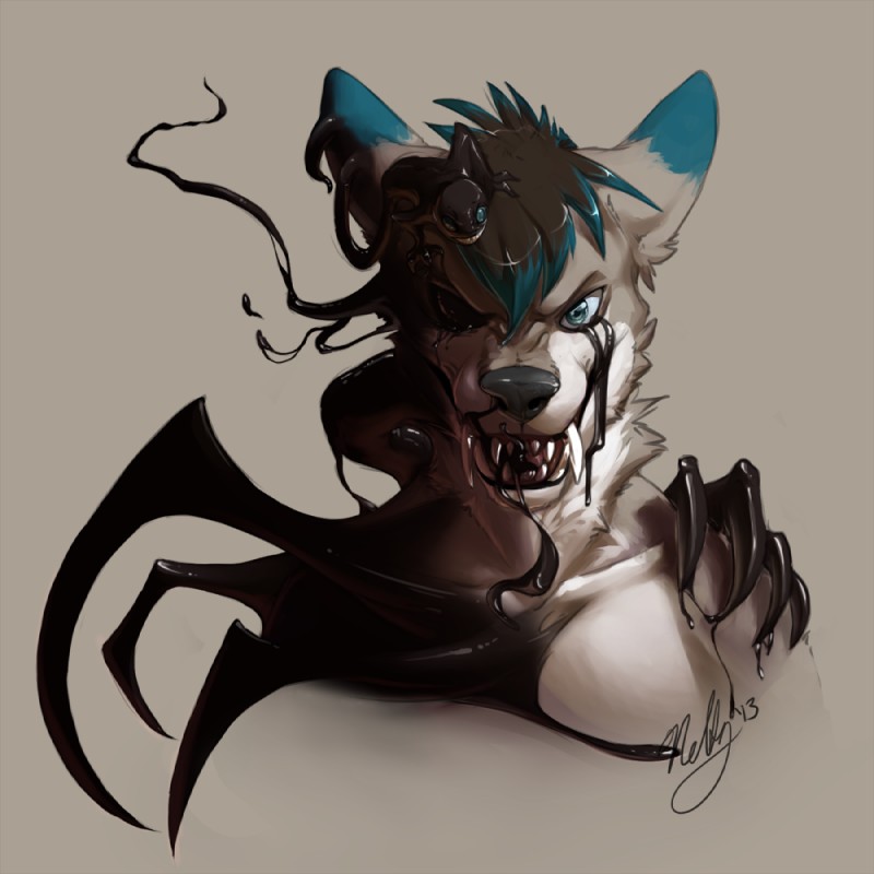 anthro black_hair black_nose blue_eyes creepy dark fangs fur grey_body grey_fur hair looking_at_viewer male open_mouth scary simple_background solo teeth neltruin canid canine canis mammal wolf 1:1 2013