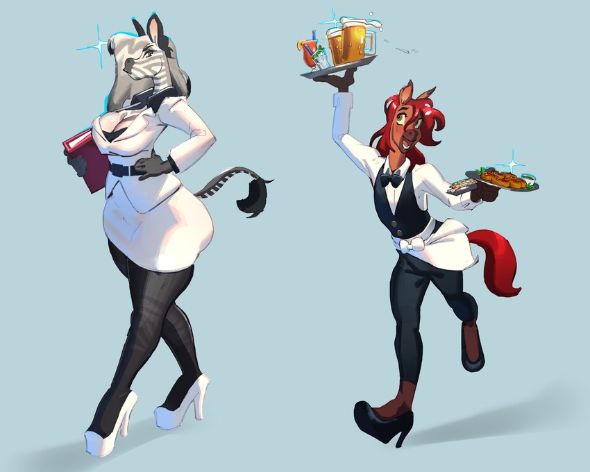 5_fingers alcohol anthro apron beer belt beverage big_breasts big_butt black_hair blue_background book bottomwear bow_tie breasts brown_body brown_eyes brown_fur butt cleavage clothed clothing drinking_straw duo facial_markings female femboy fingers food footwear fruit fur glass grey_body grey_eyes grey_fur grey_hair grey_nose hair hand_on_hip head_markings high_heels holding_book holding_object holding_tray larger_female legwear lemon long_hair looking_at_another looking_back looking_up male markings mature_anthro mature_female multicolored_body multicolored_fur muzzle_(marking) open_mouth pants pantyhose plant plantigrade raised_arm red_hair shadow shoes simple_background size_difference skirt snout snout_markings striped_markings stripes suit tail tail_tuft teeth tongue topwear tuft two_tone_body two_tone_fur vest walking white_body white_fur white_hair wide_hips queervanire tikki_(zonkey) vanessa_(zebra) equid equine hybrid mammal zebra zebroid zonkey 2022 absurd_res hi_res mother_(lore) mother_and_child_(lore) mother_and_son_(lore) parent_(lore) parent_and_child_(lore) parent_and_son_(lore) son_(lore)