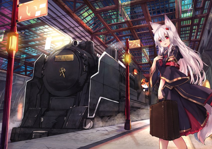 anthro biped briefcase clothed clothing duo female hair holding_briefcase holding_object low-angle_view male red_eyes steam_locomotive train train_conductor train_station vehicle white_hair konozawa animal_humanoid canid canid_humanoid canine canine_humanoid felid fox_humanoid humanoid mammal mammal_humanoid