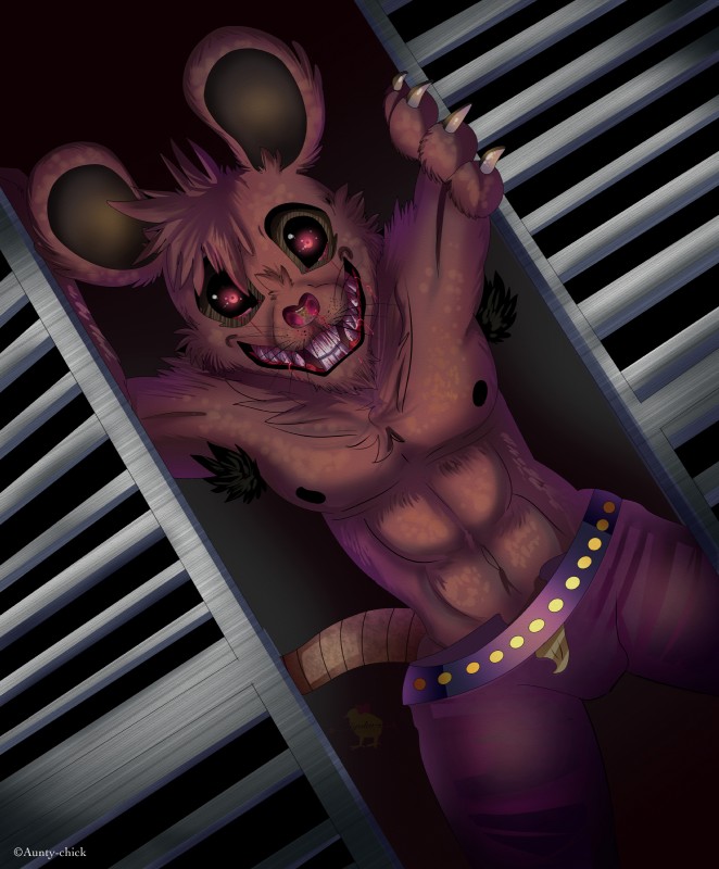 anthro armpit_hair blood bodily_fluids body_hair brown_body brown_fur claws clothing fangs fur looking_at_viewer machine male muscular muscular_male nipples red_eyes sharp_teeth solo teeth hiyoko fazbear_fanverse five_nights_at_candy's five_nights_at_candy's_3 monster_rat_(fnac) animatronic mammal murid murine rat robot rodent 2017 absurd_res hi_res