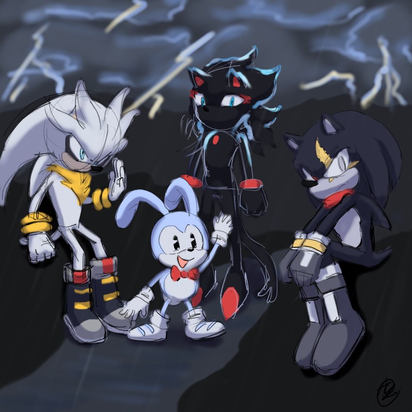 anthro beta_design black_body blue_body bow_tie clothing female footwear fur gloves group handwear male narrow_hips scar shoes sitting storm thin_calves thin_legs thin_thighs white_body yellow_body yellow_fur innotsu sega sonic_the_hedgehog_(series) feels_the_rabbit proto_blaze terios_the_hedgehog venice_the_mink hi_res