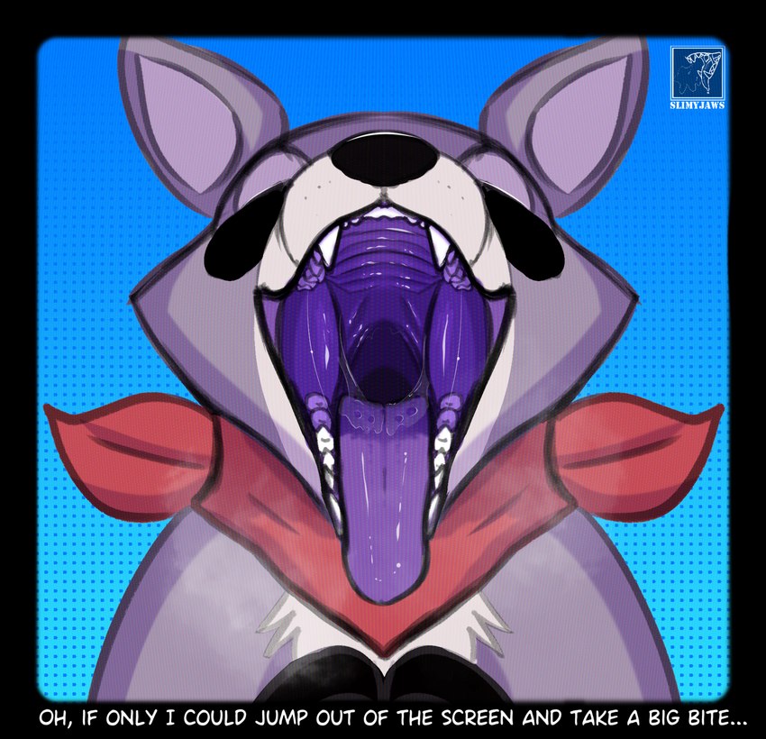 ambiguous_gender anthro bodily_fluids breath kerchief mouth_shot neckerchief neckwear open_mouth purple_mouth saliva saliva_string simple_background solo teeth text throat tongue tongue_out slimyjaws indigo_park rambley_raccoon mammal procyonid raccoon english_text hi_res