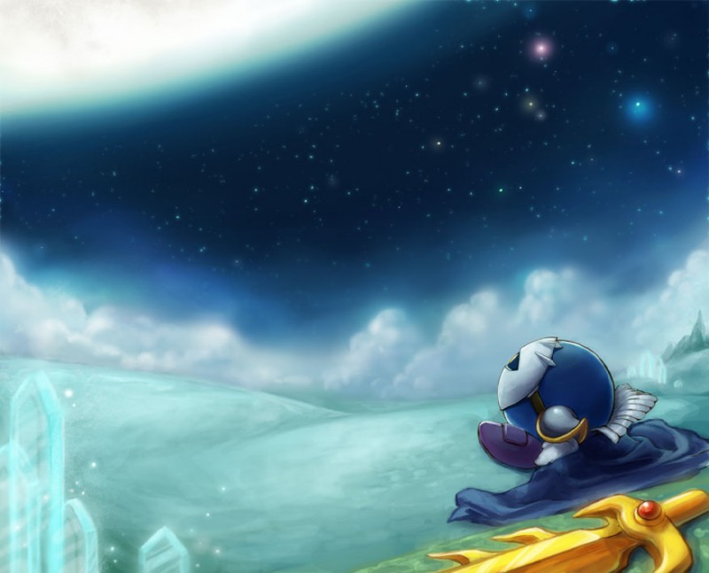 armor cloud galaxia_(sword) grass light male mask melee_weapon moon moonlight night not_furry outside plant seven-branched_sword sitting solo star sword weapon なず丼 kirby_(series) nintendo meta_knight alien waddling_head