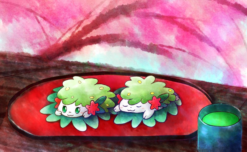 :3 ambiguous_gender back_plant back_shrub container cup daww duo eyes_closed feral flower flower_(anatomy) furniture green_eyes head_flower plant platter sleeping smile table mewsaur nintendo pokemon elemental_creature flora_fauna generation_4_pokemon land_forme_shaymin legendary_pokemon mammal pokemon_(species) shaymin 2016