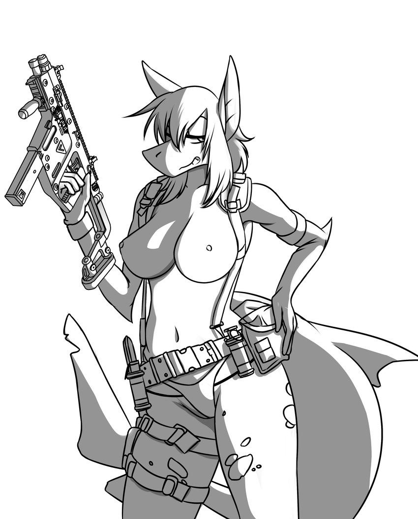 anthro belt breasts clothed clothing explosives female grenade gun holding_gun holding_object holding_ranged_weapon holding_weapon holster knife kriss_vector nipples panties ranged_weapon solo submachine_gun topless topless_female underwear weapon saintversa kriss_usa_inc fish marine shark absurd_res hi_res monochrome