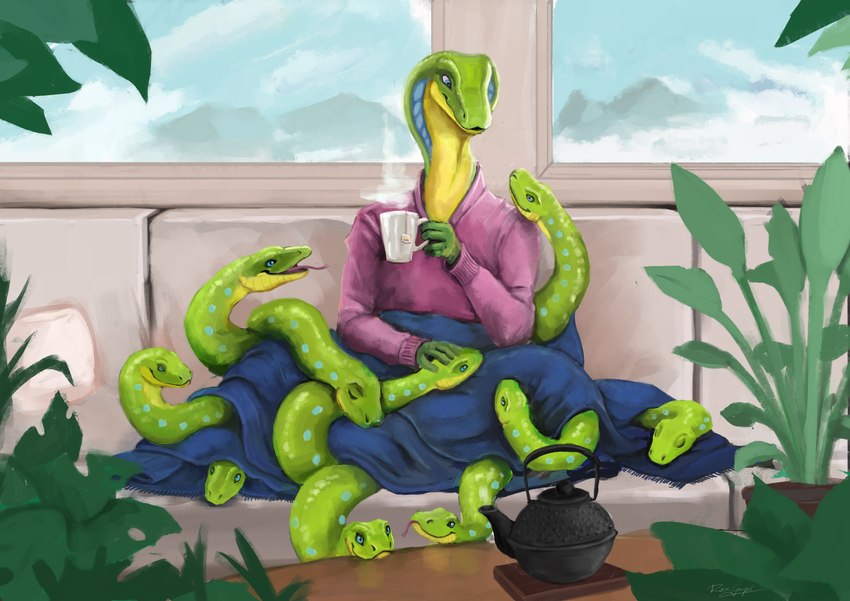 ancillary_head anguiped apode beverage blue_body clothing female green_body legless plant serpentine solo steam sweater tea topwear roxgoupil sylene_(blissey1) draconcopode reptile scalie snake absurd_res hi_res