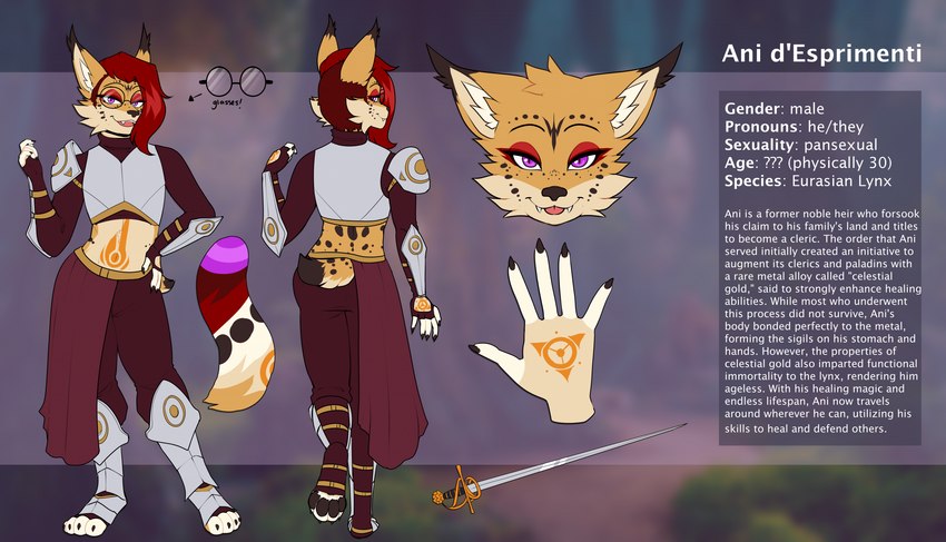 5_fingers anthro armor biped claws clothed clothing countershade_face countershade_fur countershade_torso countershading eyewear fingers fur glasses hair inner_ear_fluff male melee_weapon midriff purple_eyes solo sword tail text tuft weapon spoonycatt ani_d'esprimenti_(ghostlupe) eurasian_lynx felid feline lynx mammal 2024 english_text hi_res model_sheet