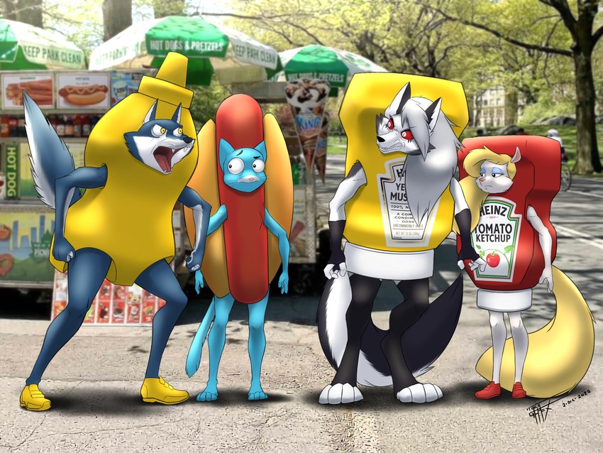 angry anthro clothed clothing condiment condiment_bottle costume eye_contact female food food_costume group hot_dog hot_dog_costume ketchup ketchup_costume looking_at_another mustard mustard_costume photo_background standing taka_studio animaniacs cartoon_network helluva_boss illumination_entertainment mythology sing_(movie) the_amazing_world_of_gumball warner_brothers loona_(helluva_boss) minerva_mink nicole_watterson porsha_crystal canid canid_demon canine canis demon domestic_cat felid feline felis hellhound mammal mink mustelid musteline mythological_canine mythological_creature true_musteline wolf 4:3 absurd_res hi_res photography_(artwork)