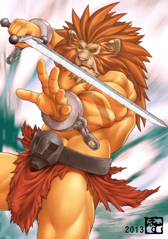 abs action_pose angry anthro belt biceps big_muscles biped bottomwear brown_nose bulge clothed clothing cuff_(restraint) fangs front_view hair loincloth long_hair male mane melee_weapon muscular muscular_anthro muscular_male orange_body orange_hair orange_skin pecs pose restraints shackles simple_background solo standing sword teeth weapon bomb_(artist) red_earth leo_(red_earth) felid lion mammal pantherine absurd_res digital_media_(artwork) hi_res