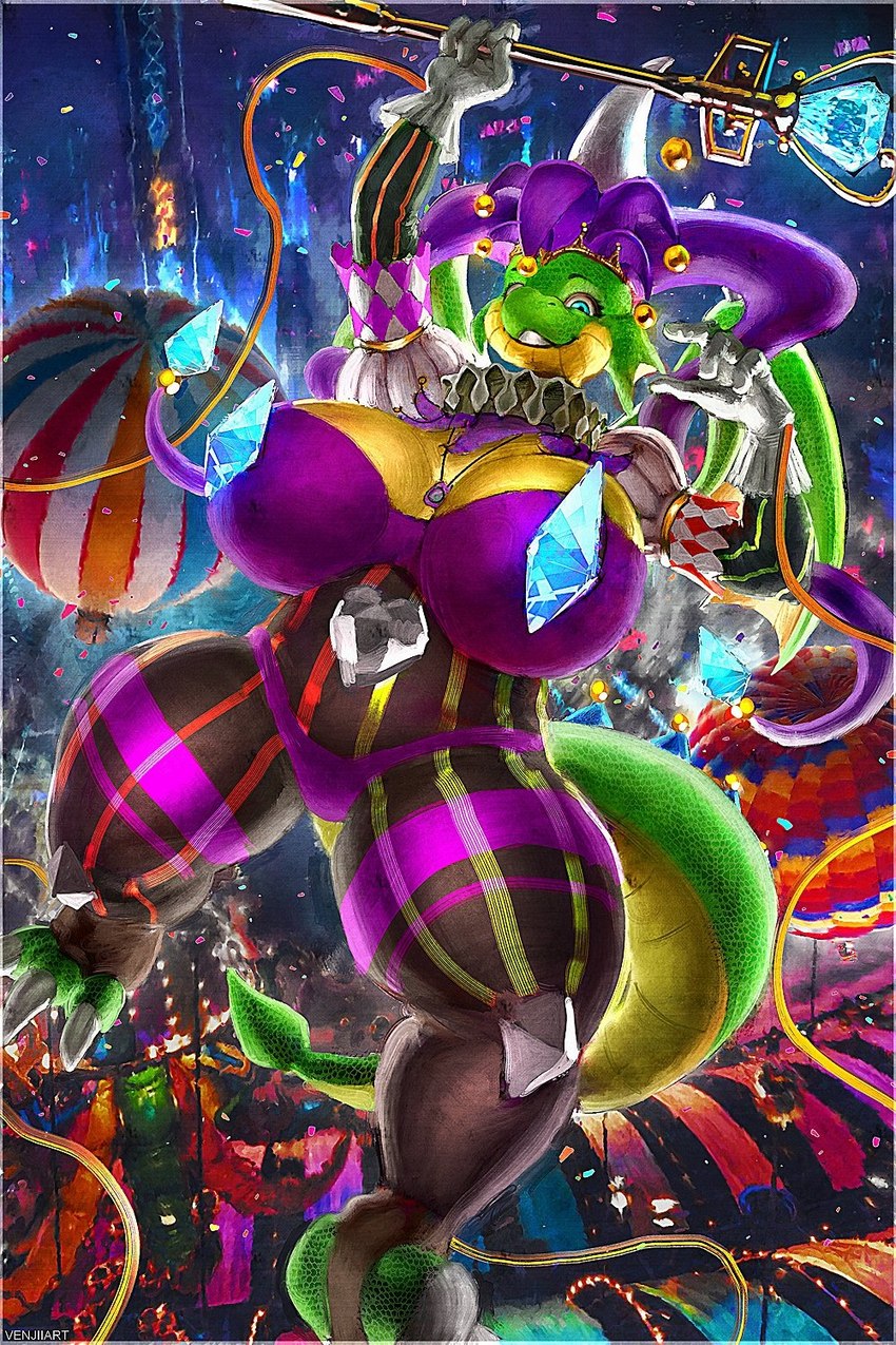 anthro big_breasts blue_eyes breasts cleavage clothed clothing female huge_breasts jester looking_at_viewer slightly_chubby smile solo tail thick_tail thick_thighs venjiiart mythology brokenwing dragon mythological_creature mythological_scalie scalie 2021 2:3 digital_media_(artwork) hi_res