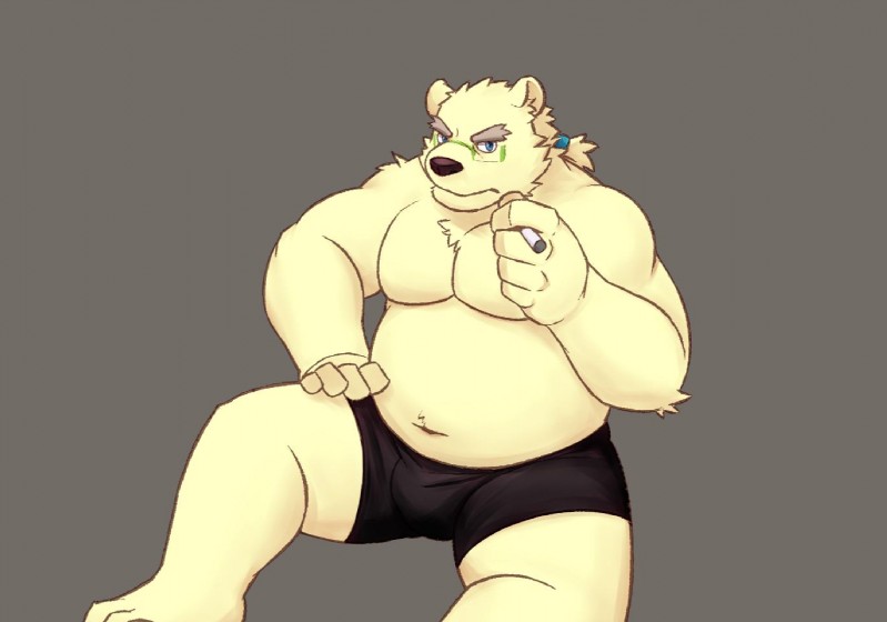 anthro asian_clothing belly bottomwear clothing east_asian_clothing eyewear fundoshi glasses humanoid_hands japanese_clothing male overweight overweight_anthro overweight_male simple_background sitting solo underwear 3000vnd lifewonders tokyo_afterschool_summoners leib_(tas) bear mammal polar_bear ursine