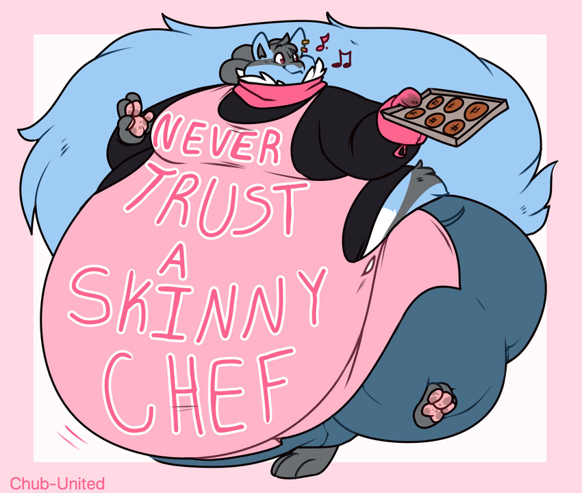 ambiguous_gender anthro apron big_tail black_body black_fur blue_body blue_fur bottomwear clothed clothing cookie denim denim_bottomwear denim_clothing ear_piercing food fully_clothed fur gesture handwear happy head_tuft holding_object jeans morbidly_obese morbidly_obese_ambiguous morbidly_obese_anthro motion_lines musical_note musical_symbol neck_tuft novelty_clothing obese obese_ambiguous obese_anthro oven_mitts overweight overweight_ambiguous overweight_anthro pants piercing pink_background red_eyes shirt simple_background smile solo symbol tail text tight_clothing topwear tuft walking waving chub-united nintendo pokemon generation_4_pokemon lucario pokemon_(species) 2020 english_text nonbinary_(lore)