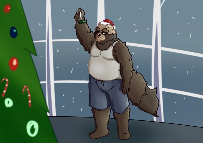 anthro belly bottomwear brown_body brown_fur bulge candy candy_cane chin_tuft christmas_clothing christmas_decorations christmas_headwear christmas_ornament clothing dessert eyebrows facial_tuft fluffy fluffy_tail food fur green_eyes hat headgear headwear holding_object holidays long_tail looking_at_viewer male mature_male one_eye_closed overweight overweight_anthro overweight_male plant raised_eyebrow santa_hat shirt short_ears shorts slightly_chubby snow solo standing tail tan_body tan_fur tank_top topwear tree tuft window wink custardalvis christmas sihai's_legacy paul_(sihai's_legacy) canid canine mammal raccoon_dog tanuki 2021 hi_res