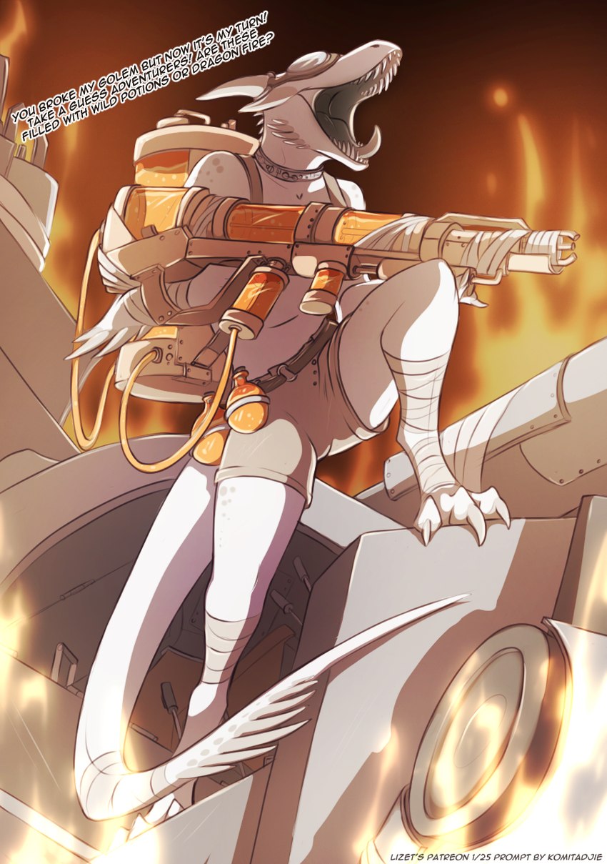 anthro bottomwear claws clothed clothed_anthro clothed_female clothing female fingers front_view gun harness holding_gun holding_object holding_ranged_weapon holding_weapon open_mouth ranged_weapon solo standing tail teeth tongue weapon lizet yip_(lizet) kobold scalie 2025 digital_media_(artwork) hi_res